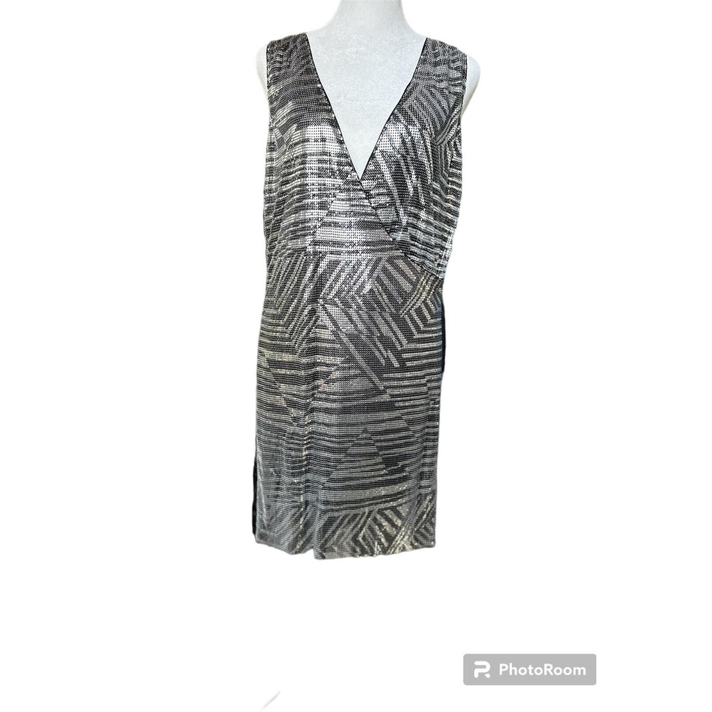 Ramy Brook Silver Black Geometric Sequin V-Neck Mini Dress Sleeveless NEW